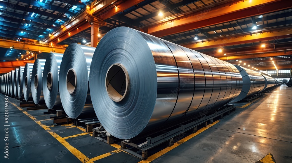 Rolls of Steel Sheets in Manufacturing Plant. Large rolls of steel sheets are neatly arranged in a manufacturing plant, ready for processing and industrial use. Rolls of Steel Sheets in Manufacturing Plant. Large rolls of steel sheets are neatly arranged in a manufacturing plant, ready for processing and industrial use.
