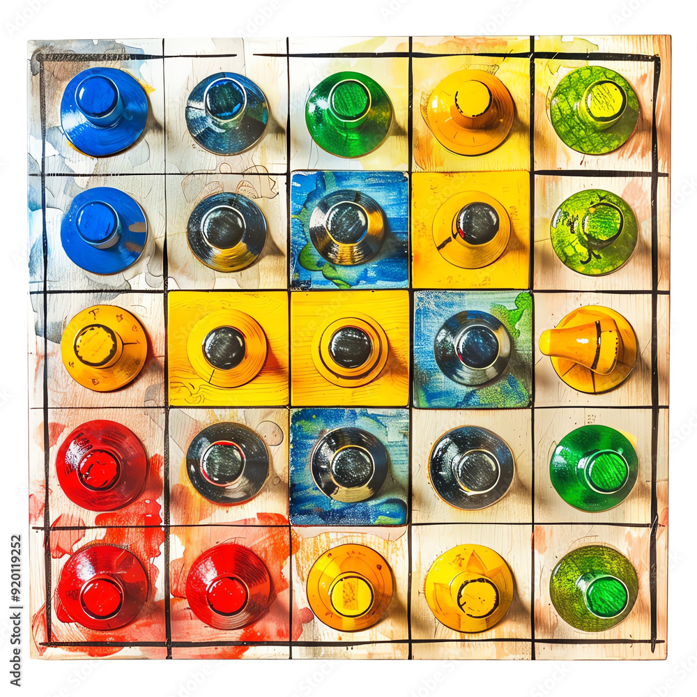 Fototapeta premium Colorful abstract pattern with various shapes and vibrant colors arranged in a grid, creating a playful and dynamic visual.