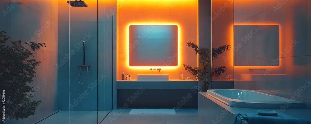 Modern Bathroom Interior Design with Orange Backlighting and Shower - 3D Illustration Modern Bathroom Interior Design with Orange Backlighting and Shower - 3D Illustration