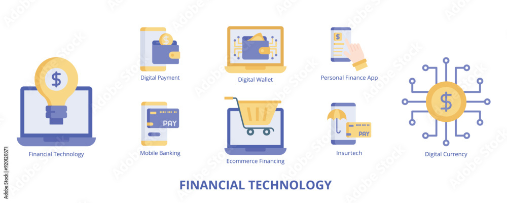 Financial Technology Flat Banner Web Icon Set Vector Illustration, Financial Technology Digital Payment Mobile Banking Wallet Personal Finance App Ecommerce Financing Insurtech Digital Currency Financial Technology Flat Banner Web Icon Set Vector Illustration, Financial Technology Digital Payment Mobile Banking Wallet Personal Finance App Ecommerce Financing Insurtech Digital Currency