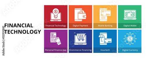 Financial Technology Glyph Solid Banner Web Icon Set Vector Illustration, Financial Technology Digital Payment Mobile Banking Wallet Personal Finance App Ecommerce Financing Insurtech Digital Currency