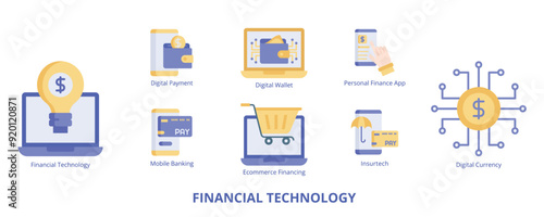 Financial Technology Flat Banner Web Icon Set Vector Illustration, Financial Technology Digital Payment Mobile Banking Wallet Personal Finance App Ecommerce Financing Insurtech Digital Currency