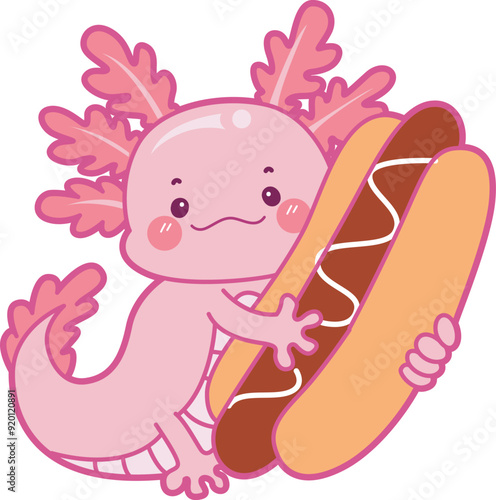 Illustration of cute axolotl activities icon.
Funny pink axolotl in daily routine stickers.