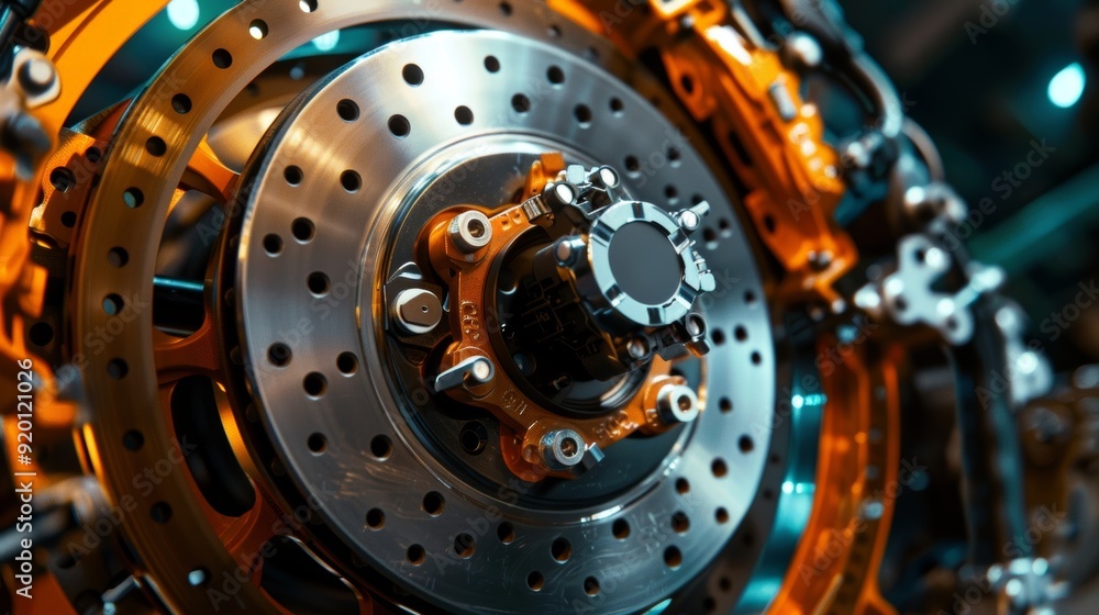 A topdown shot of brake calipers and brake pads in action with the pads pressing against the rotors. A topdown shot of brake calipers and brake pads in action with the pads pressing against the rotors.