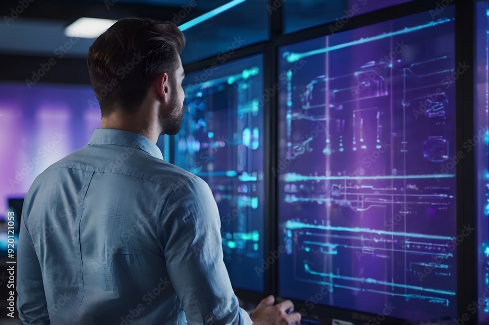 A young professional analyzes digital data on large screens in a modern office during the evening A young professional analyzes digital data on large screens in a modern office during the evening