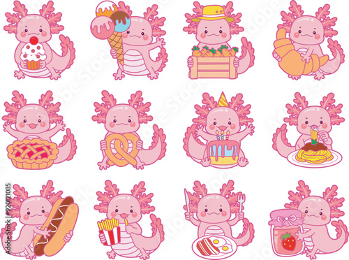 Illustration of cute axolotl activities icon.
Funny pink axolotl in daily routine stickers.