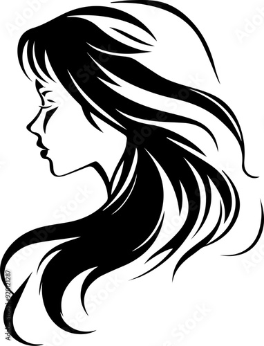 A woman with long black hair is shown in a black and white drawing