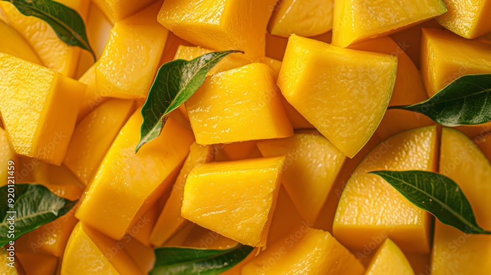Close up of mango fruit background with leaves, top view. Photorealistic high resolution macro photography for advertising or food design. Close up of mango fruit background with leaves, top view. Photorealistic high resolution macro photography for advertising or food design.