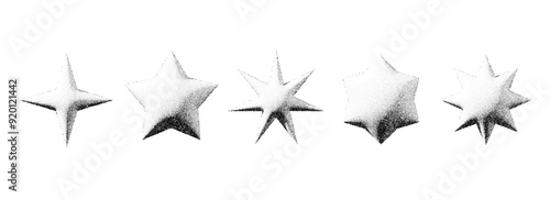 Black stippled star set. 3d dotted textured flares and sparkles collection. Halftone grainy noise starburst shape bundle. Dotwork grunge asterisk elements. Vector pack