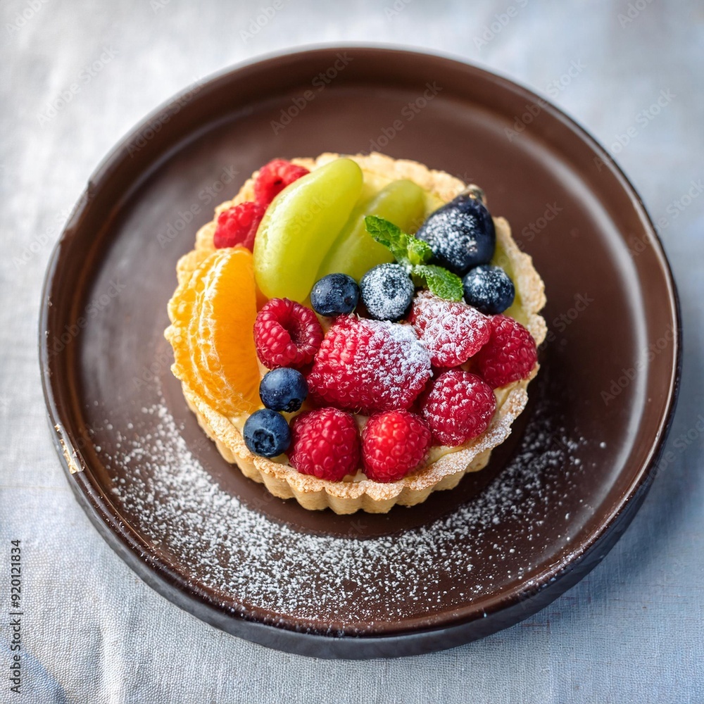 A petite French tartlet boasts a golden, flaky crust with silky vanilla cream and vibrant fruits like berries and mandarin slices, all glazed to perfection and finished with a dusting of sugar. A petite French tartlet boasts a golden, flaky crust with silky vanilla cream and vibrant fruits like berries and mandarin slices, all glazed to perfection and finished with a dusting of sugar.