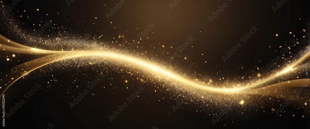 Obraz premium A luxurious abstract background featuring glittering gold sparks and smooth textures, illuminated by soft spotlights. The glowing effect and elegant gradient create a glamorous atmosphere