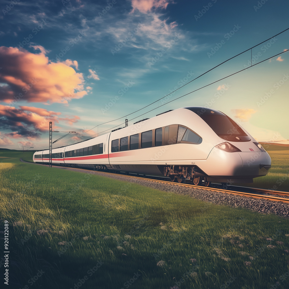 Fototapeta premium A modern high-speed train speeding through a scenic countryside
