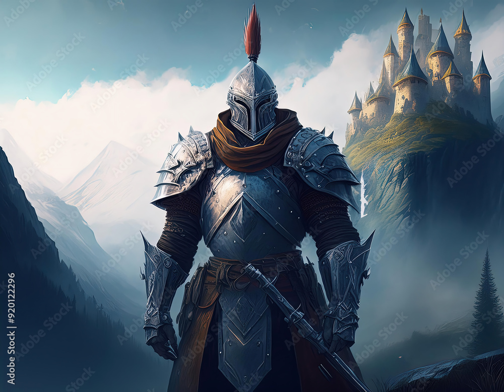 Naklejka premium A fantasy huge middle earth knight stands in front of a fairytale castle on a hill among the misty mountains