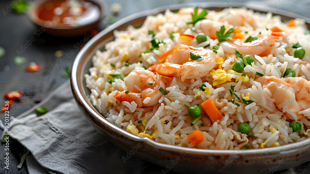 Fried rice with eggs in a white plate on wood surface, rice dish, egg fried rice, food presentation, white plate meal Fried rice with eggs in a white plate on wood surface, rice dish, egg fried rice, food presentation, white plate meal