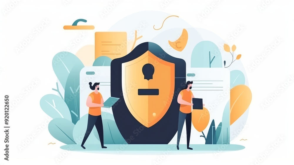 Two people are standing in front of a large shield with a keyhole Two people are standing in front of a large shield with a keyhole