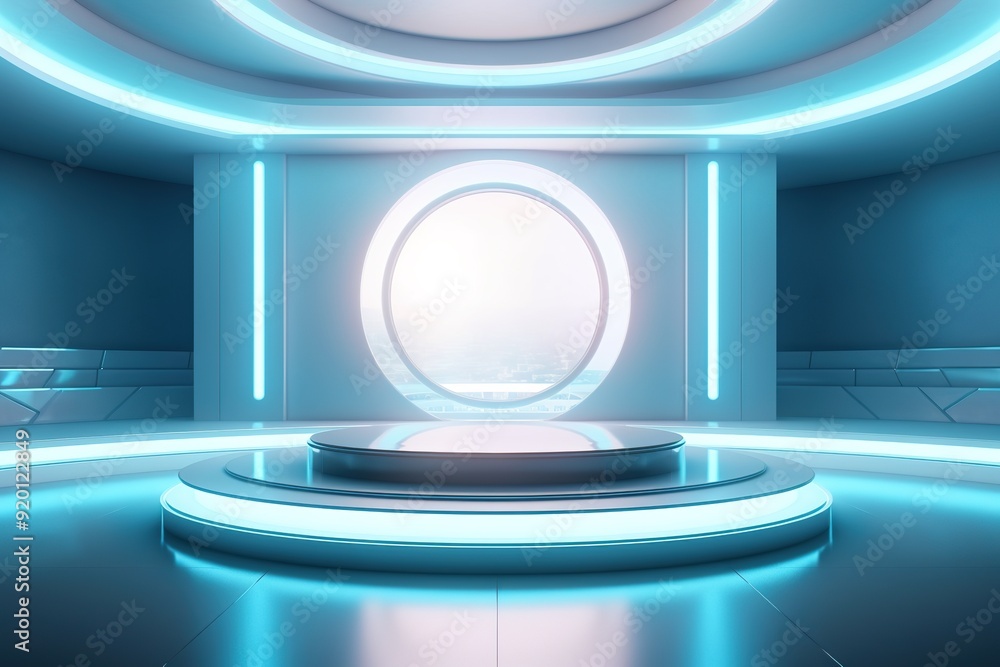 Futuristic platform with glowing blue lights and a window with a city view. Futuristic platform with glowing blue lights and a window with a city view.