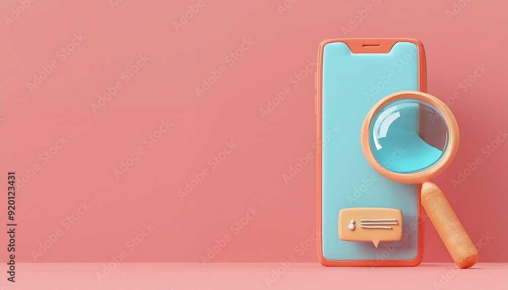 Colorful smartphone design with a magnifying glass, ideal for exploration and search concepts in digital communication. Colorful smartphone design with a magnifying glass, ideal for exploration and search concepts in digital communication.