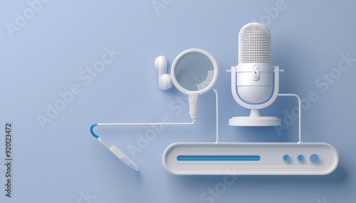 Stylish audio setup featuring a microphone, headphones, and sound interface on a light blue background for creative projects.