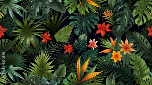 Tropical leaves pattern background Summer banner Generative AI