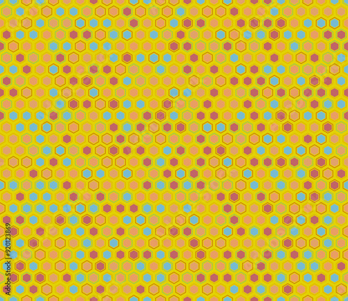 Tileable abstract background featuring hexagon mosaic cells with padding and inner solid cells. Multiple tones color palette in a seamless pattern.
