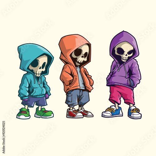 3 character Skull Wearing Hoodies Sticker set