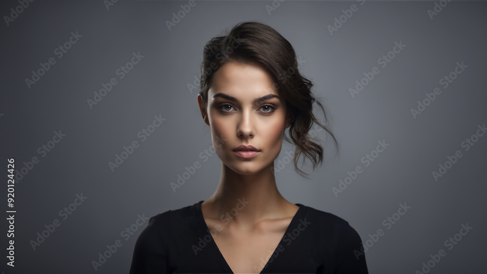 Young, beautiful brunette model with flawless skin, natural makeup, looking at camera, copy space, studio background, cosmetic concept, healthy glow, neat hair, American woman, beauty portrait Young, beautiful brunette model with flawless skin, natural makeup, looking at camera, copy space, studio background, cosmetic concept, healthy glow, neat hair, American woman, beauty portrait