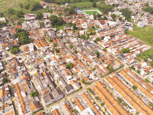 Overhead view of dense housing in Cikancung, West Java - Indonesia. Housing Industry. Panoramic Landscape. Graphic Resources. Social issues. Wallpapers Backgrounds. Aerial Landscape Photography