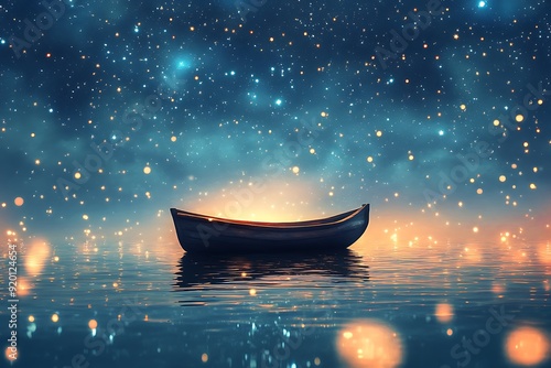 Solitary Boat Under a Starry Sky