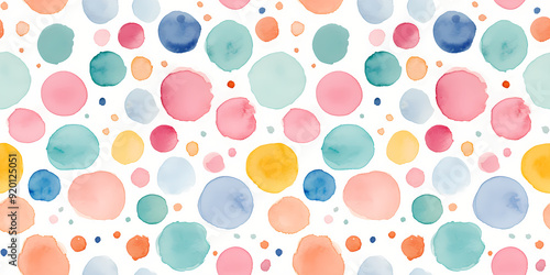 Horizontal watercolor seamless pattern with bubles and circles. Abstract geometric pattern. Colorful hand painted watercolor circles on white background. For wallpaper, wrapping paper, postcard