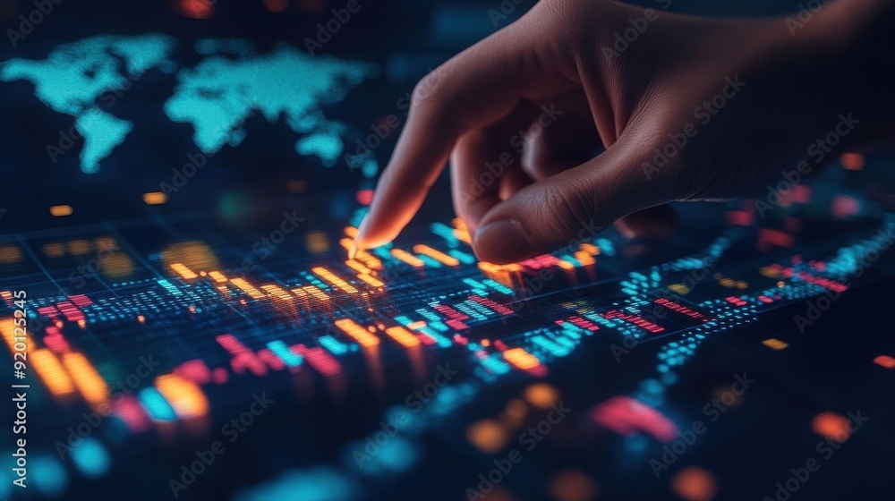 Fototapeta premium Close-up of a hand pointing at a candlestick chart displayed on a digital screen, showcasing a global stock market growth graph and a world map in the background