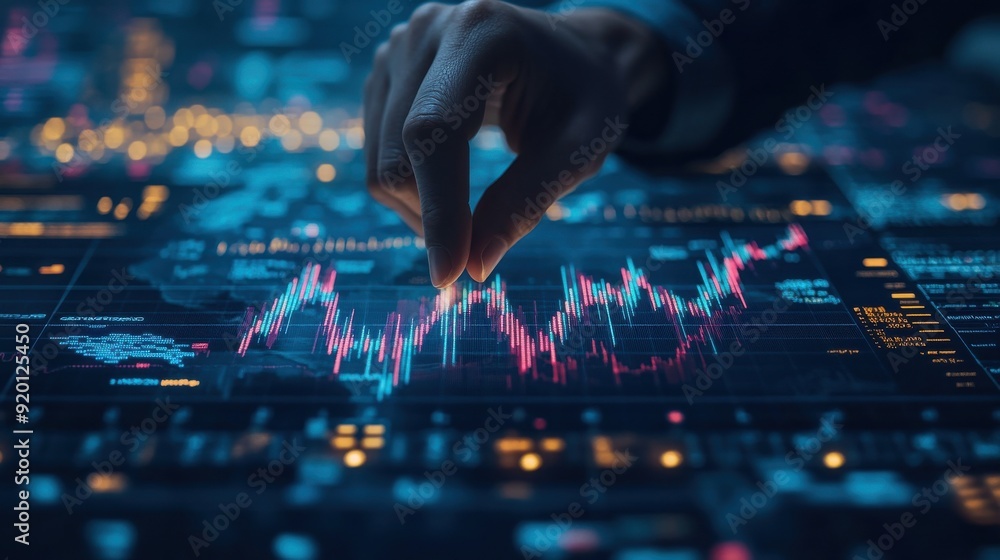 Close-up of a hand pointing at a candlestick chart displayed on a digital screen, showcasing a global stock market growth graph and a world map in the background Close-up of a hand pointing at a candlestick chart displayed on a digital screen, showcasing a global stock market growth graph and a world map in the background