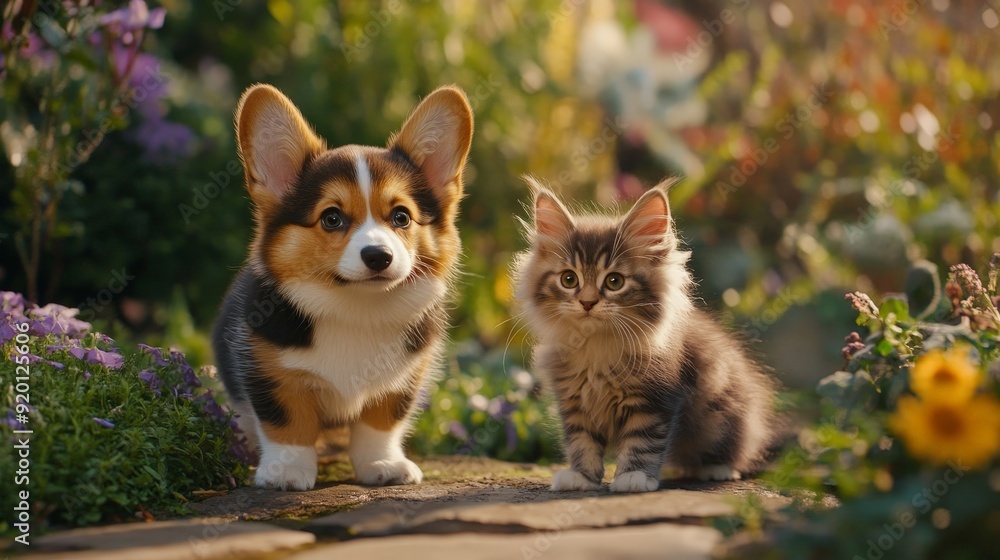 A curious corgi puppy and a fluffy Maine Coon kitten explore a garden together. A curious corgi puppy and a fluffy Maine Coon kitten explore a garden together.