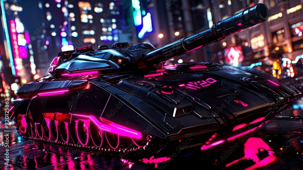 A futuristic tank in a cyberpunk cityscape, with neon lights reflecting off its armor A futuristic tank in a cyberpunk cityscape, with neon lights reflecting off its armor
