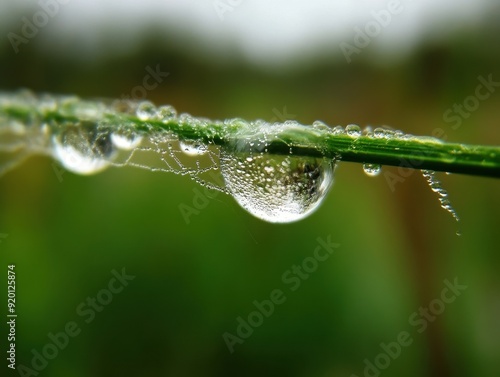 A macro shot of a dewdrop hanging from a grass blade, intricately connected to a spider web, reflecting the surrounding greenery.
 photo