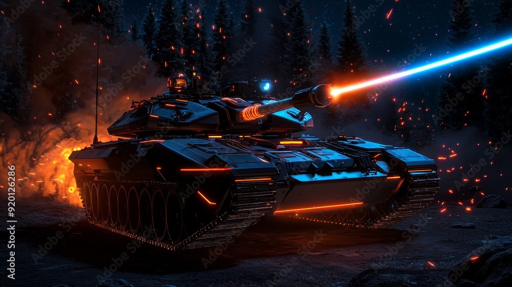 A tank in a science fiction setting, firing energy beams at alien spacecraft A tank in a science fiction setting, firing energy beams at alien spacecraft