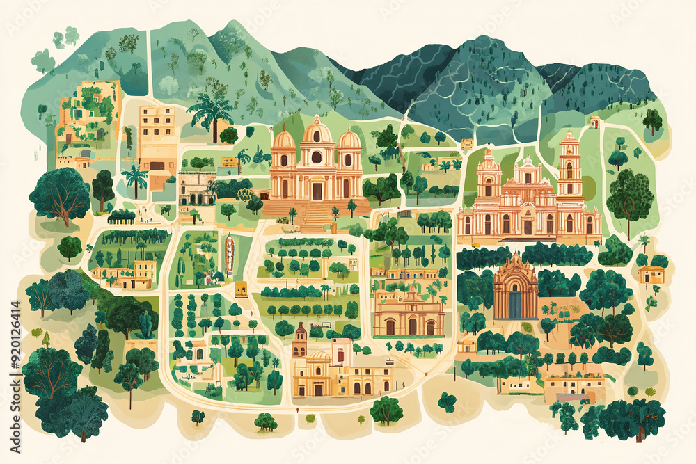 Fototapeta premium Illustrated map of Oaxaca, highlighting its cultural landmarks and cuisine.