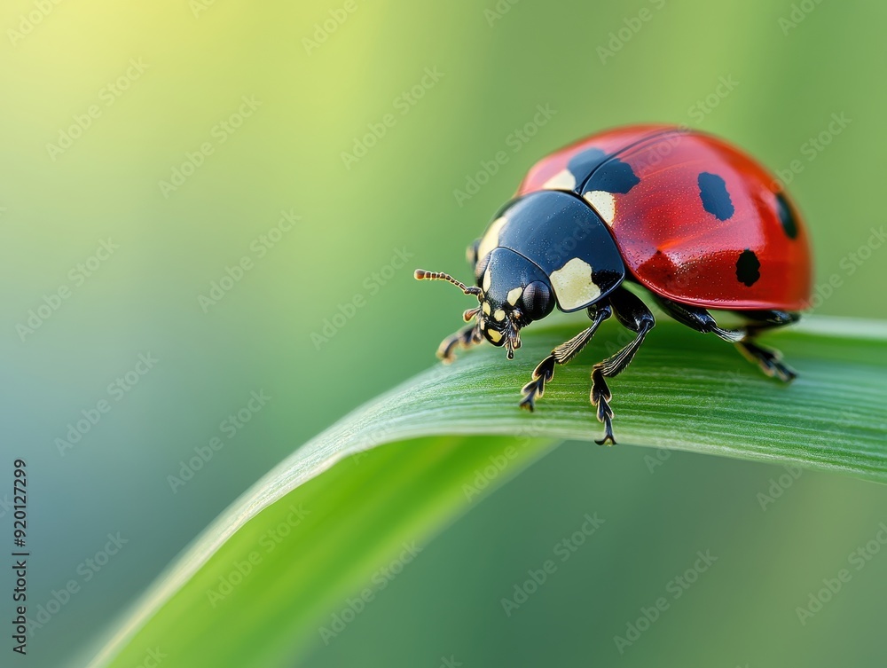 Close-Up of a Vibrant Red Ladybug on a Green Leaf with a Soft Focus Background Close-Up of a Vibrant Red Ladybug on a Green Leaf with a Soft Focus Background