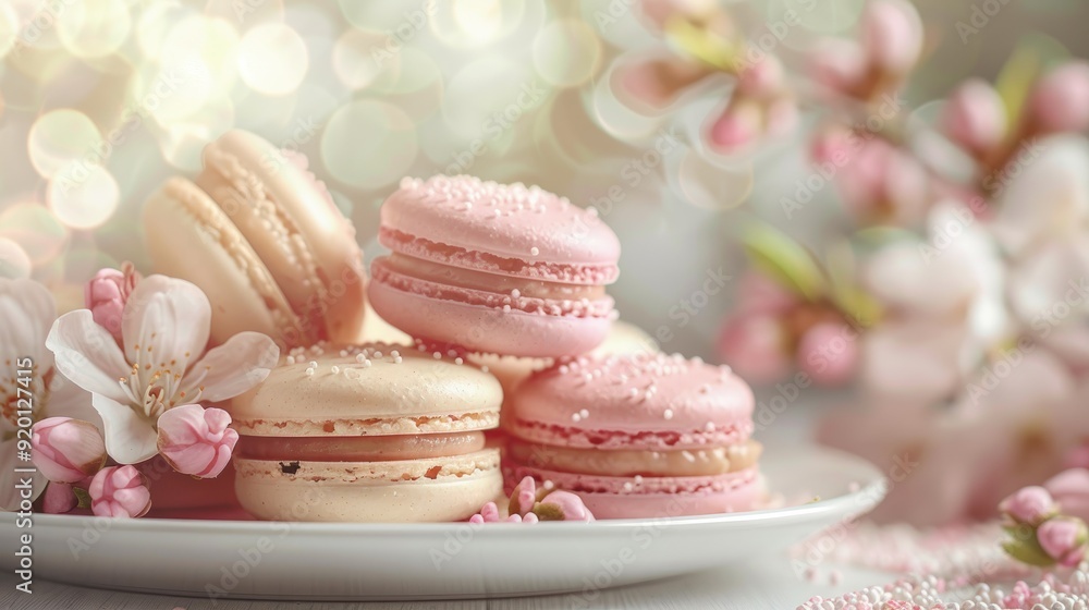 Delicate pink and beige macarons on a plate with blooming flowers and soft light. Delicate pink and beige macarons on a plate with blooming flowers and soft light.