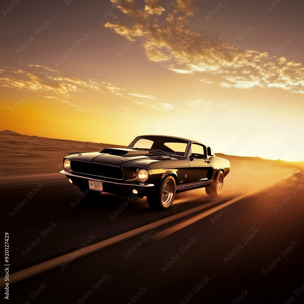 A classic car driving along Route at sunset A classic car driving along Route at sunset