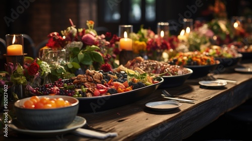 banquet table is decorated with plates, cutlery, glasses, candles and flower arrangements 