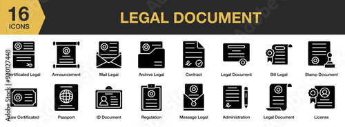 Legal Document Glyph icon set. Includes administration, announcement, archive, bill, certificate, and More. Solid icons vector collection.