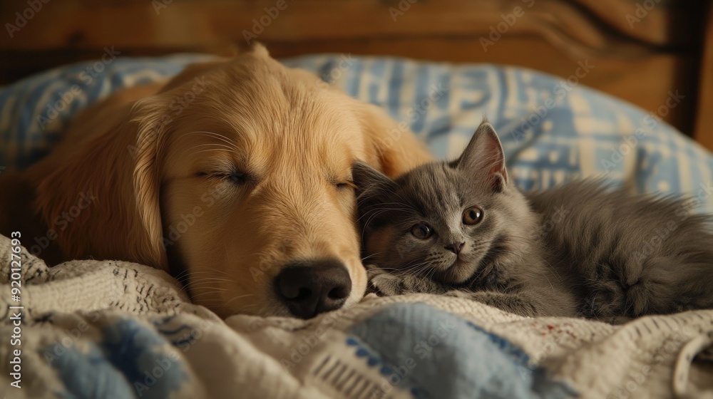 custom made wallpaper toronto digitalA cheerful Golden Retriever puppy and a curious Chartreux kitten share a bed, their peaceful expressions showcasing their loving bond.
