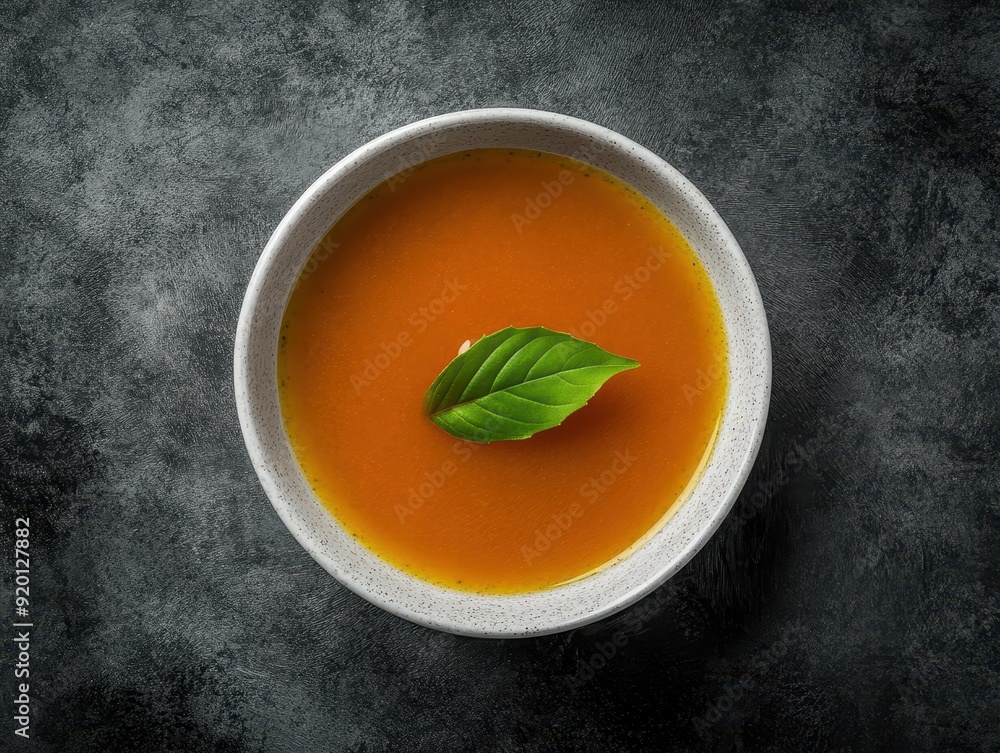 Elegant Bowl of Tomato Soup with Basil Leaf on Dark Textured Background Elegant Bowl of Tomato Soup with Basil Leaf on Dark Textured Background