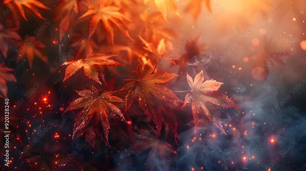 Maple leaves surrounded by a fine mist in the morning light. Maple leaves surrounded by a fine mist in the morning light.