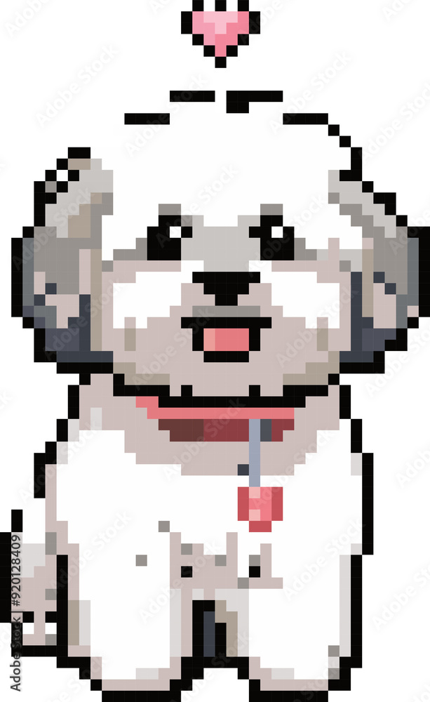 Fototapeta premium Pixel Perfect Puppy Love: An adorable Shih Tzu radiates joy with a pixelated heart floating above its head. Ideal for pet lovers, gamers, and anyone who appreciates retro aesthetics. 