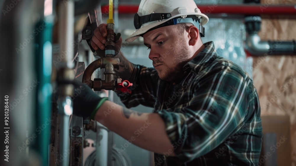 Plumber Working on Pipe System Plumber Working on Pipe System