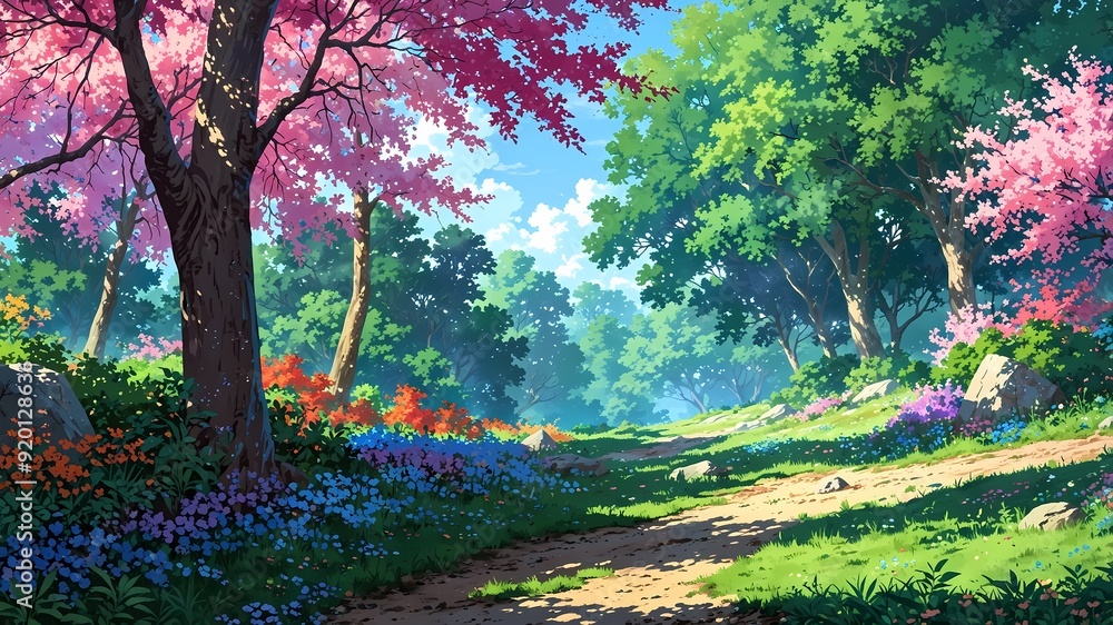 Fototapeta premium Mystical Plant in a Fantasy Colored Forest: An Enchanting Scene of Iridescent Beauty