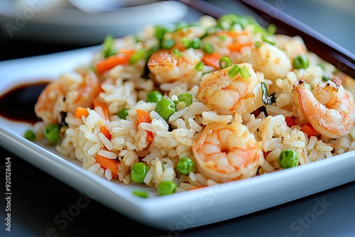 Shrimp fried rice with vegetables and soy sauce photo