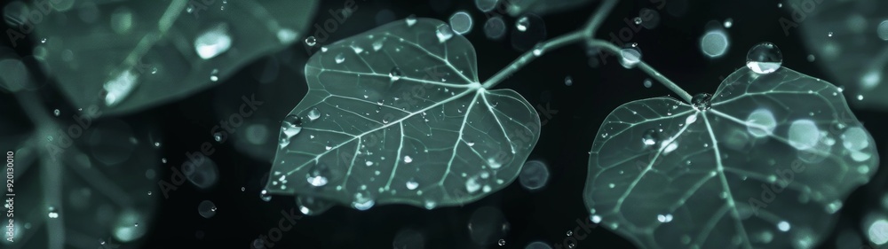 Tropical Serenity, A close-up view of a raindrop resting on a rich green leaf, showcasing intricate textures against a dark backdrop, evoking a calm, minimalist atmosphere. Tropical Serenity, A close-up view of a raindrop resting on a rich green leaf, showcasing intricate textures against a dark backdrop, evoking a calm, minimalist atmosphere.