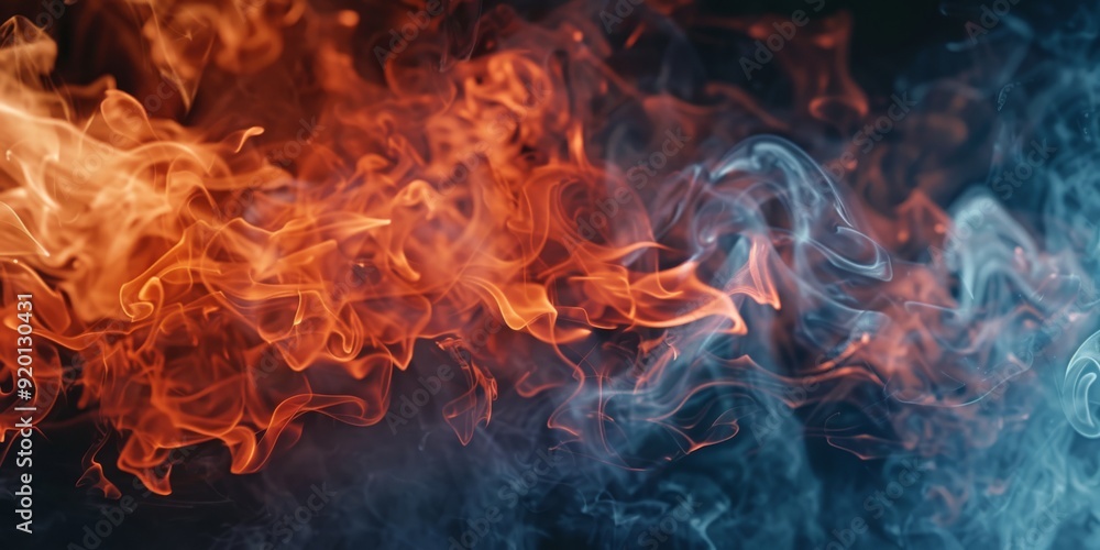 Stunning visual display of fiery orange and blue smoke swirling elegantly, ideal for creative projects Stunning visual display of fiery orange and blue smoke swirling elegantly, ideal for creative projects
